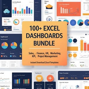 Puede incluir: Una colección de plantillas de paneles de control de Excel con una variedad de gráficos. La imagen central presenta un cuadrado naranja brillante con el texto "100+ EXCEL DASHBOARDS BUNDLE" y detalles sobre ventas, finanzas, RRHH, marketing, KPI y gestión de proyectos.