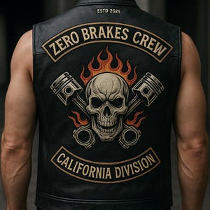 May include: Black leather vest with a skull and piston graphic. The vest has the text "ZERO BRAKES CREW" and "CALIFORNIA DIVISION" in gold lettering. The graphic includes flames and the year "ESTD 2025".