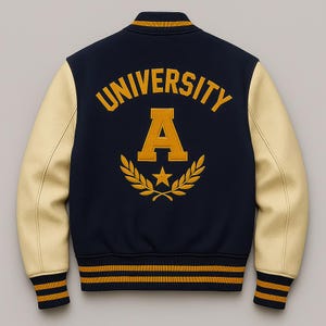 Men&#39;s Navy Wool Varsity Jacket: Cream Leather Sleeves, Embroidered A UNIVERSITY