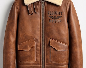 Chaqueta de aviador vintage de piel de oveja auténtica, división de vuelo