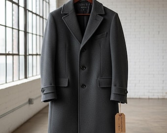 Men's Charcoal Gray Wool Coat, Single-breasted Overcoat With Stand
