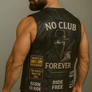 May include: Black leather vest with a graphic of a man in a hat and bandana holding a gun. The vest has the words "NO CLUB" and "FOREVER" printed on it, along with patches that say "WATCH FOR KITORCYCLES", "TWO WHEELS MOVE THE SOUL", "BORN TO RIDE", and "RIDE FREE".