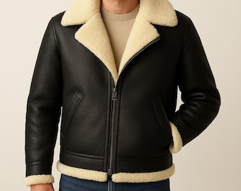 Men's Black Sheepskin Shearling Aviator Jacket: Handmade Winter Bomber Coat