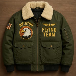 May include: Olive green aviator jacket with a cream-colored shearling collar. Features an American flag patch, an eagle graphic, and the words "AVIATOR FLYING TEAM" in gold lettering. Includes two front pockets and a zippered sleeve pocket.
