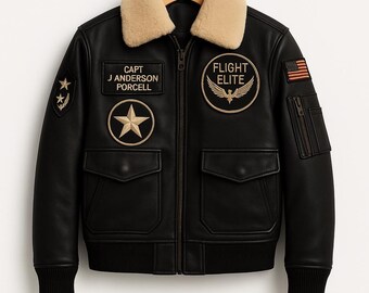 Cowhide Shearling Aviator Jacket: Custom Name Patch, Pilot Bomber