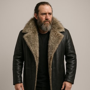 Men&#39;s Shearling Leather Overcoat: Vintage Winter Coat with Fur Collar