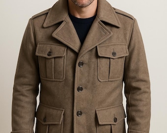 Men's Camel Brown Wool Field Jacket – Military Style Winter Coat