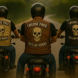 Può includere: Tre persone in moto, viste da dietro, che percorrono una strada. Indossano caschi neri e gilet con un teschio e la scritta "CRUISE FREE OUTLAW RIDERS". I gilet sono in tonalità beige e marrone.