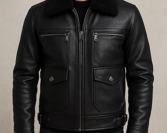 Black Sheepskin Leather Jacket: Warm Shearling Collar, Custom Fit