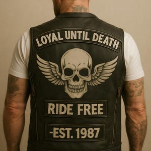 Op de afbeelding: Zwarte leren vest met een schedel en vleugels afbeelding. De tekst "LOYAL UNTIL DEATH", "RIDE FREE" en "-EST. 1987" staan op het vest. Het vest wordt over een wit t-shirt gedragen.