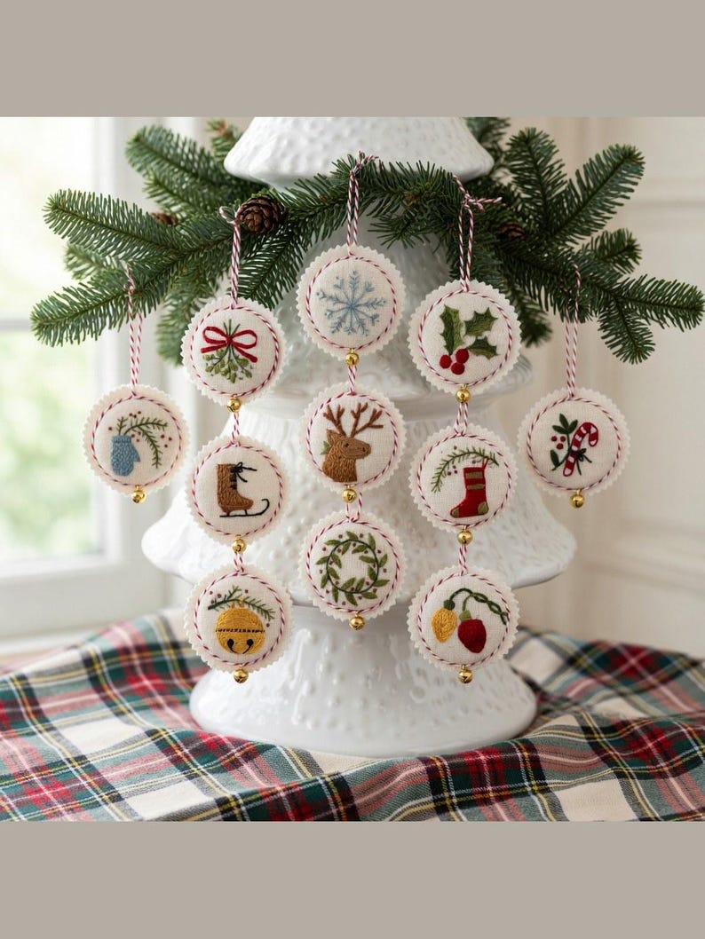 May include: A collection of round, embroidered Christmas ornaments with various festive designs, including a snowflake, holly, and a reindeer. Each ornament is trimmed with red and white thread and has a small gold bell. They are displayed on a white Christmas tree.
