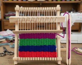 May include: A small wooden weaving loom with a colorful woven piece in red, blue, green, and purple. The loom has white vertical threads and a wooden shuttle. The background includes spools of thread and sewing supplies.