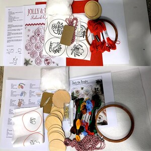 May include: Two craft kits with embroidery hoops, red thread, wooden circles, and printed designs. One kit is labeled "Jolly & I Redwork Ornaments" and the other "Deck the Boughs". The kits include instructions, needles, and other supplies for hand embroidery.