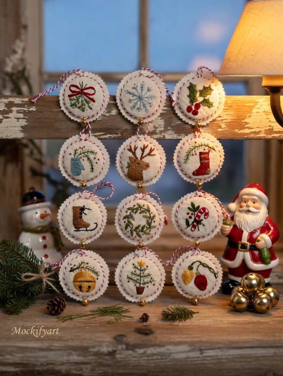 12 Christmas Ornament Embroidery Kit for Beginners, DIY Holiday Decor, Hand Embroidery Set with Patterns, Xmas Ornaments Craft Kit