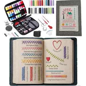 Puede incluir: Un kit de costura con varios hilos de colores, agujas, tijeras y otras herramientas. Un cuaderno gris muestra diferentes puntadas de bordado con etiquetas de texto. También se muestra un diseño de casa bordada.