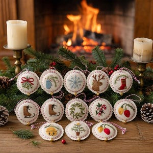 May include: A collection of embroidered Christmas ornaments with various festive designs, including a bow, snowflake, reindeer, and candy cane. Each ornament is round, with a scalloped edge and a red and white cord for hanging.