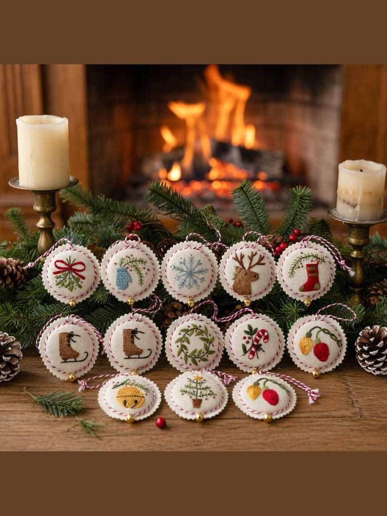 May include: A collection of embroidered Christmas ornaments with various festive designs, including a bow, snowflake, reindeer, and candy cane. Each ornament is round, with a scalloped edge and a red and white cord for hanging.