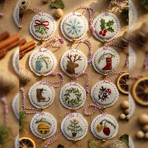 May include: A collection of embroidered Christmas ornaments with various festive designs, including snowflakes, holly, and a reindeer. Each ornament is round, with a scalloped edge and a red and white string for hanging. Small gold bells are attached.