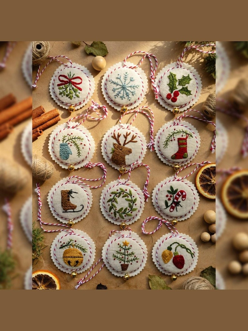 May include: A collection of embroidered Christmas ornaments with various festive designs, including snowflakes, holly, and a reindeer. Each ornament is round, with a scalloped edge and a red and white string for hanging. Small gold bells are attached.