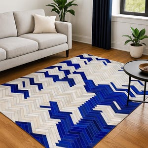 Blue Arrow Cowhide Rug – Handmade Leather Patchwork Carpet for Boho Rustic Decor