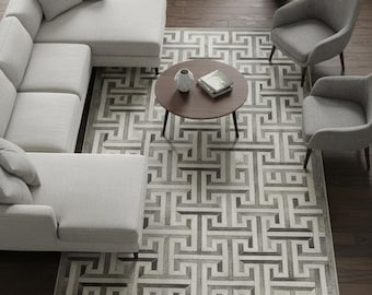 Gray Cowhide Area Rug – Geometric Leather Patchwork Carpet for Modern Living Room Gift