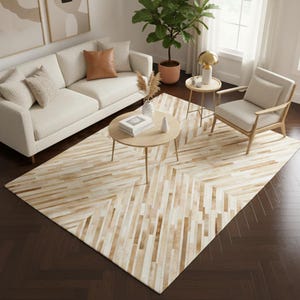 Beige Cowhide Area Rug – Hair-On Leather Striped Patchwork Carpet for Living Room Decor