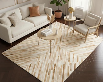 Beige Cowhide Area Rug – Hair-On Leather Striped Patchwork Carpet for Living Room Decor