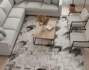 Grey Cowhide Chevron Rug – Cow Skin Hair on Leather Patchwork Carpet for Living Room Decor