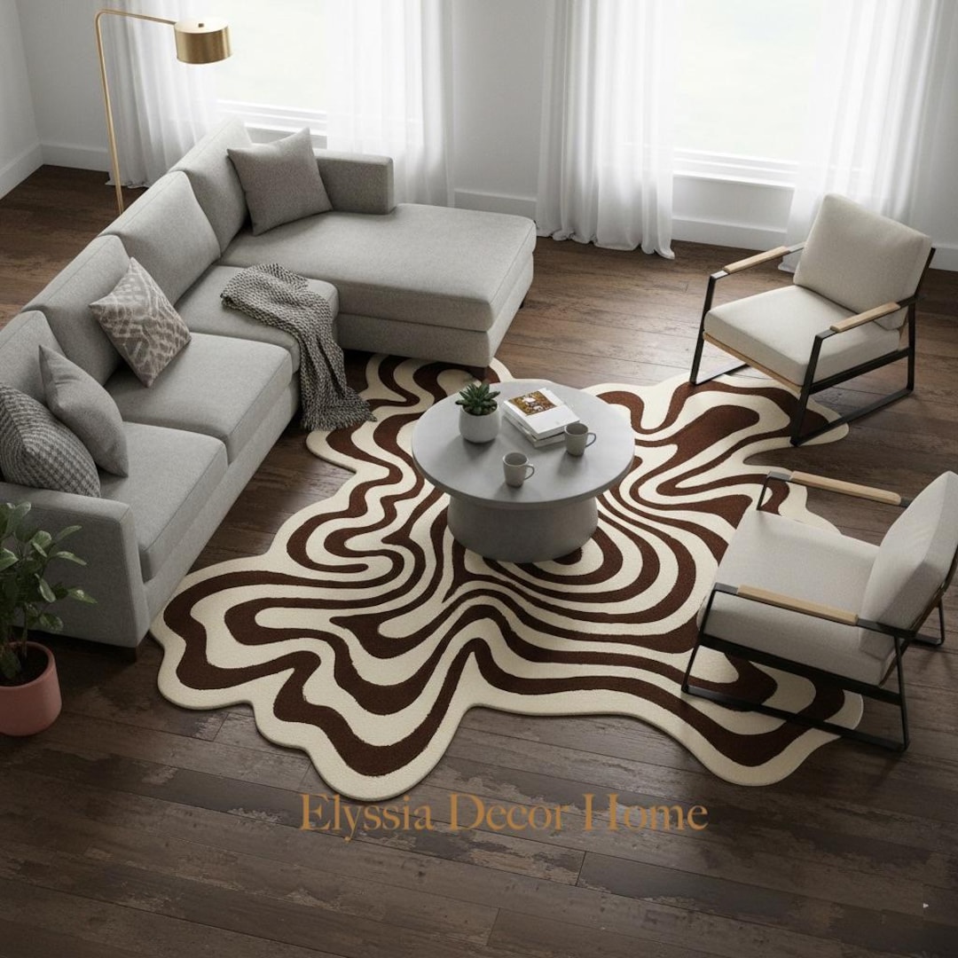 Handmade Wool Rug – Abstract Coffee & Beige Irregular Pattern Area ...