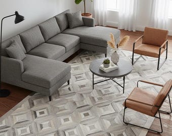 Grey Cowhide Rug – Handmade Hair-On Leather Patchwork Carpet for Living Room Decor