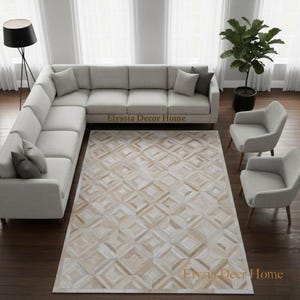 Beige Kuhfell Teppich - Handgefertigter Patchwork Teppich aus Leder für Wohnzimmer Dekor