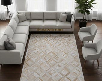 Beige Cowhide Area Rug – Handmade Hair-On Leather Patchwork Area Carpet for Living Room Decor