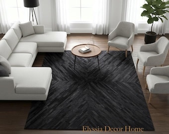 Black Cowhide Stripes Rug – Cow Skin Hair on Leather  Patchwork Carpet for Living Room Decor