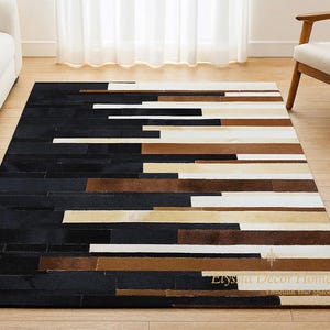 Handmade Cowhide Patchwork Rug: Striped Leather Area Rug