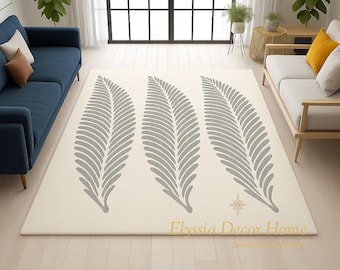 Cream Hand-Tufted Wool Rug – Soft Leaf Design Area Carpet for Living Room Home Decor Gift