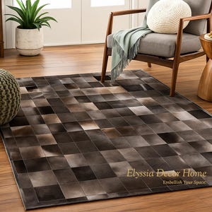 Handmade Charcoal Cowhide Patchwork Rug – Rustic Leather Carpet for Modern Home Decor