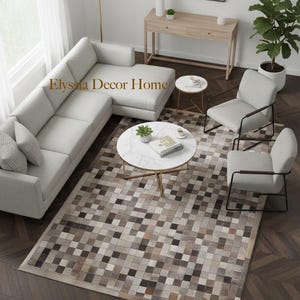 Checkered Grey Cowhide Area Rug – Hair-On Leather Patchwork Carpet for Living Room Decor Gift