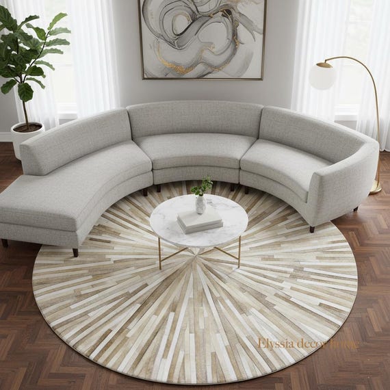 Beige Cowhide Round Rug – Starburst Cow Skin Hair on Leather Patchwork Carpet for Living Room