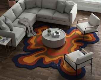 Alfombra abstracta de lana azul y naranja – Alfombra moderna hecha a mano para la decoración del salón o la sala de estar.