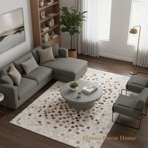 Brown Cowhide Area Rug – Cow Skin Handmade Hair-On Leather Patchwork Carpet for Living Room Decor