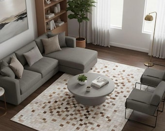 Brown Cowhide Area Rug – Cow Skin Handmade Hair-On Leather Patchwork Carpet for Living Room Decor