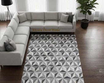 Modern Grey Cowhide Area Rug – Hair On Leather Patchwork Area Carpet for Living Room Decor