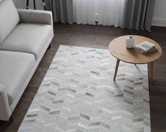 Grey Cowhide Chevron Rug – Handmade Cow Skin Leather Patchwork Carpet for Living Room Decor Gift