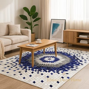 White Blue Cowhide Rug – Handmade Geometric Patchwork Leather Carpet for Living Room Decor