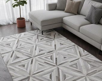 Grey Cowhide Rug – Cow Skin Geometric Leather Patchwork Carpet for Living Room Decor