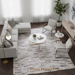 Handmade Grey Cowhide Rug – Striped Hair-On Leather Patchwork Carpet for Living Room
