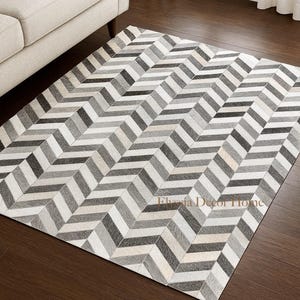Grey Arrow Cowhide Rug – Handmade Genuine Leather Patchwork Carpet for Living Room Decor
