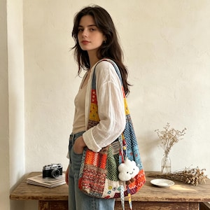 May include: A large, soft, quilted hobo bag featuring a vibrant patchwork design with various floral, geometric, and abstract patterns in red, blue, green, and yellow. A small, white, plush cloud-shaped charm with a smiling face hangs from the strap.
