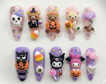 Kawaii Halloween Character Press On Nails | Candy Spooky Inspiration | Long Almond 3D Nails | Pumpkin Candy Bat Nail Art | Cute Charm Nails