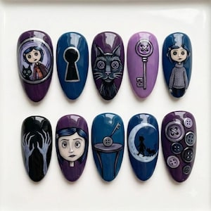 May include: A set of ten press-on nails featuring detailed illustrations inspired by Coraline. Designs include a character with a black cat, a keyhole, a black cat with button eyes, a skeleton key, a character in a sweater, hands, a portrait, a key on a table, a silhouette against a moon, and various buttons.